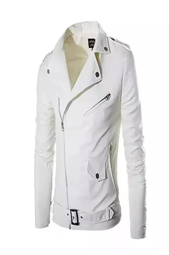 men's white lambskin leather jacket- asymmetrical zipper & waist belt style