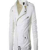 men's white lambskin leather jacket- asymmetrical zipper & waist belt style