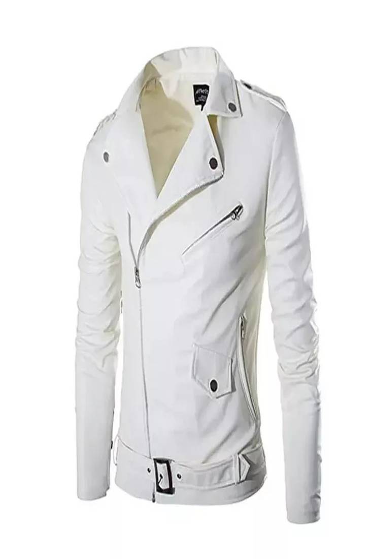 men's white lambskin leather jacket- asymmetrical zipper & waist belt style