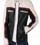 men's white black lambskin leather jacket- asymmetrical zipper & waist belt style