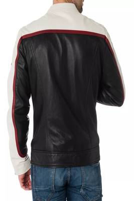 men's white black lambskin leather jacket- asymmetrical zipper & waist belt style 2