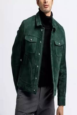 men's green suede lambskin leather  jacket-2 envelope pocket & snap button style 1