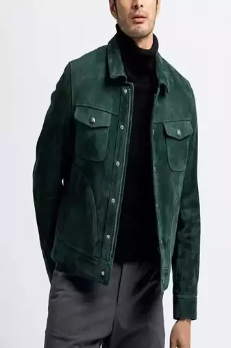 men's green suede lambskin leather  jacket-2 envelope pocket & snap button style