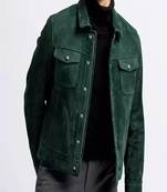 men's green suede lambskin leather  jacket-2 envelope pocket & snap button style
