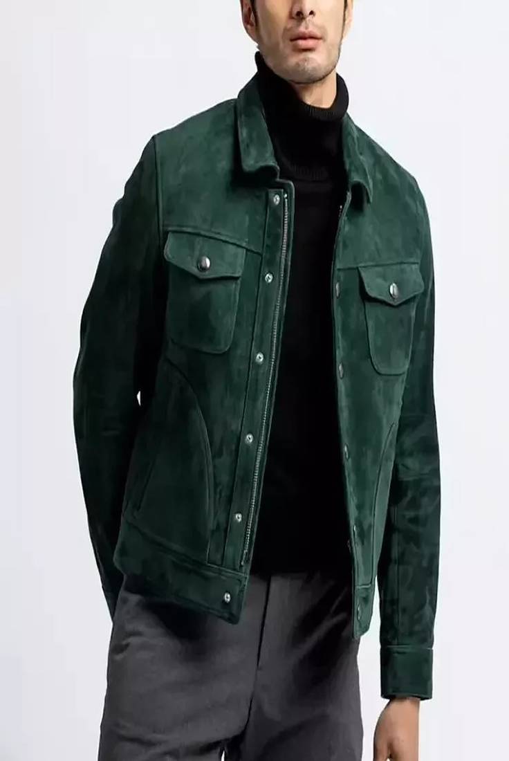 men's green suede lambskin leather  jacket-2 envelope pocket & snap button style