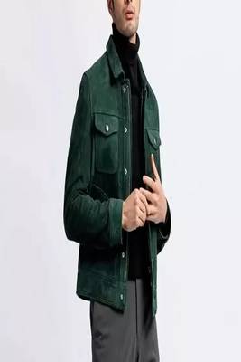 men's green suede lambskin leather  jacket-2 envelope pocket & snap button style 2