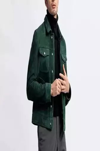 men's green suede lambskin leather  jacket-2 envelope pocket & snap button style