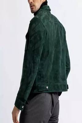 men's green suede lambskin leather  jacket-2 envelope pocket & snap button style 3