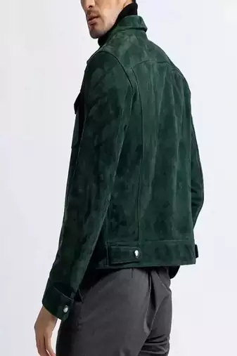 men's green suede lambskin leather  jacket-2 envelope pocket & snap button style