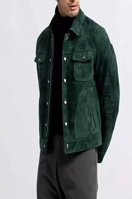 men's green suede lambskin leather  jacket-2 envelope pocket & snap button style 4