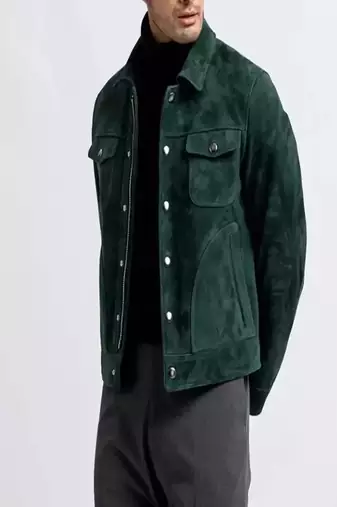 men's green suede lambskin leather  jacket-2 envelope pocket & snap button style