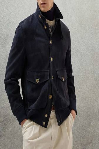 men's navy blue suede lambskin leather  jacket-2 envelope pocket & snap button style