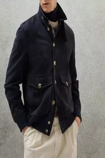 men's navy blue suede lambskin leather  jacket-2 envelope pocket & snap button style