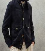 men's navy blue suede lambskin leather  jacket-2 envelope pocket & snap button style