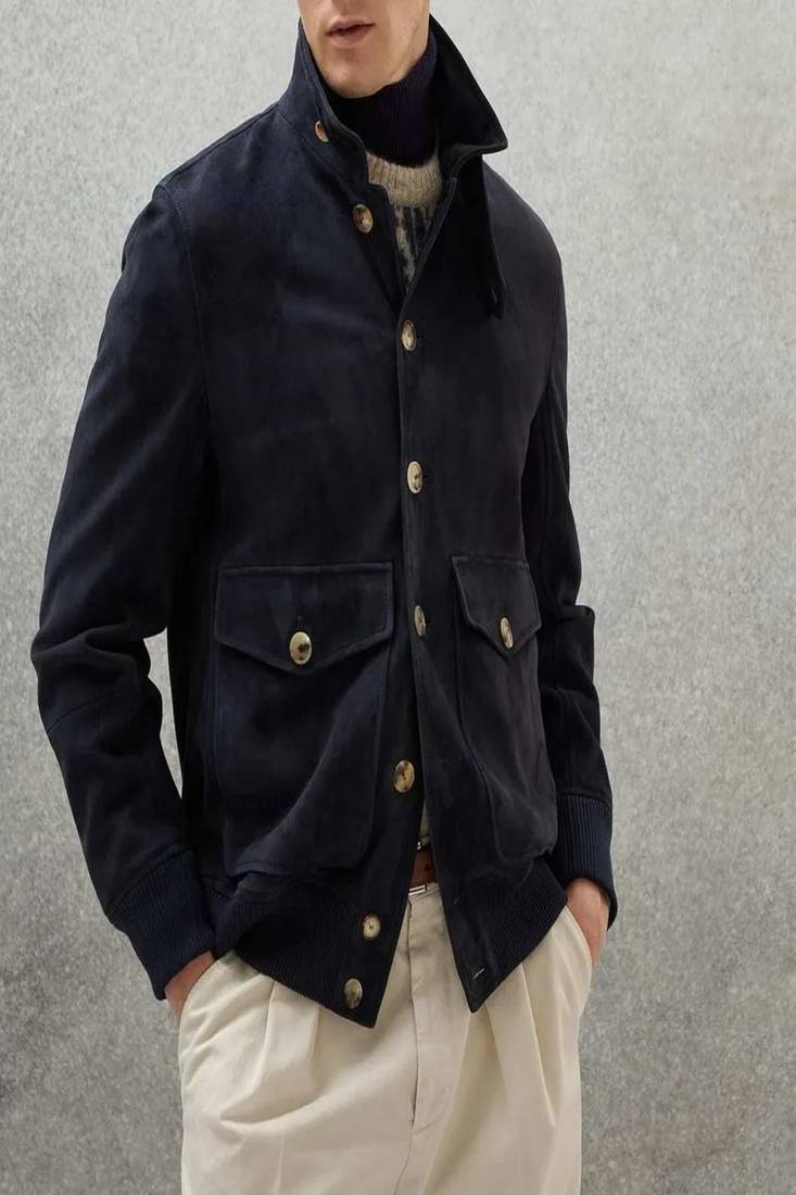 men's navy blue suede lambskin leather  jacket-2 envelope pocket & snap button style