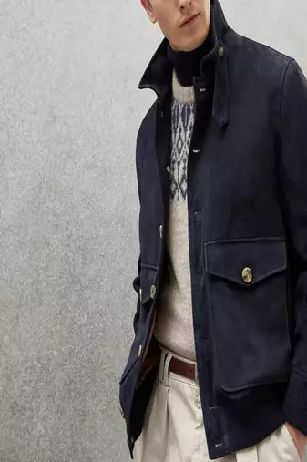 men's navy blue suede lambskin leather  jacket-2 envelope pocket & snap button style