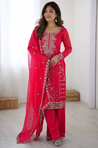 Incredible Pink Embroidered Georgette Festival Wear Palazzo Suit