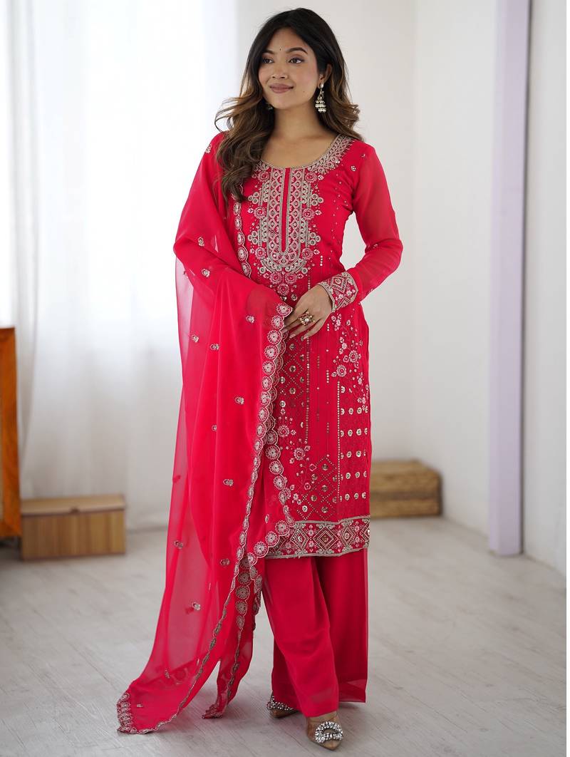 Incredible Pink Embroidered Georgette Festival Wear Palazzo Suit