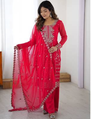 Incredible Pink Embroidered Georgette Festival Wear Palazzo Suit 2