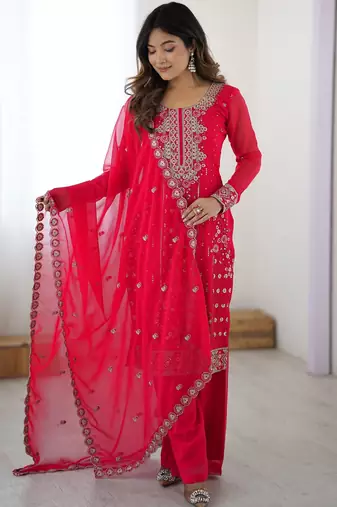 Incredible Pink Embroidered Georgette Festival Wear Palazzo Suit