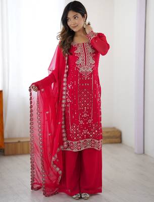Incredible Pink Embroidered Georgette Festival Wear Palazzo Suit 3