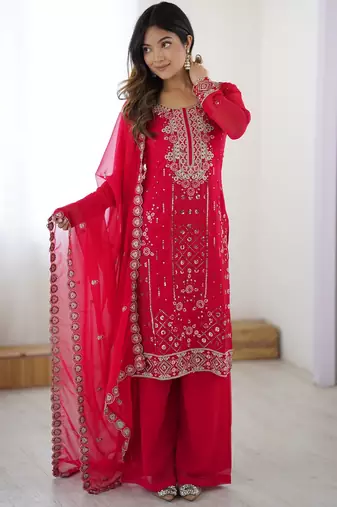 Incredible Pink Embroidered Georgette Festival Wear Palazzo Suit