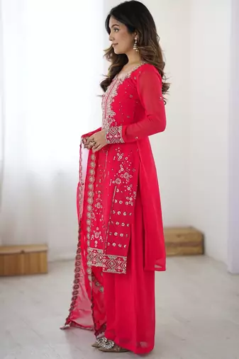 Incredible Pink Embroidered Georgette Festival Wear Palazzo Suit