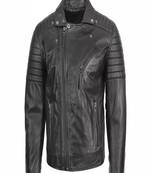 men's black lambskin leather jacket- asymmetrical zipper & quilted hand biker style