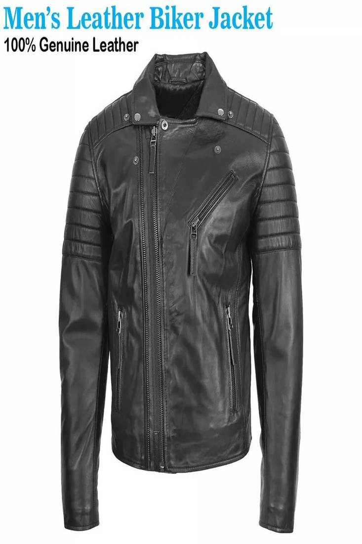 men's black lambskin leather jacket- asymmetrical zipper & quilted hand biker style