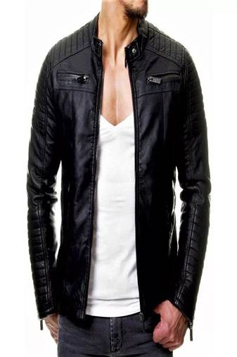 Men's black genuine lambskin leather-jacket- zipper & quilted hand style