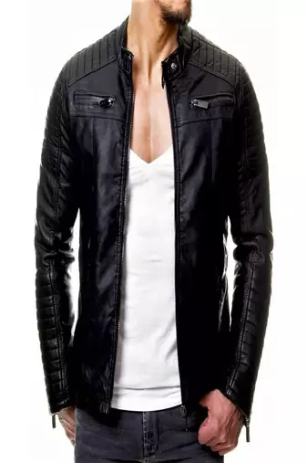 Men's black genuine lambskin leather-jacket- zipper & quilted hand style