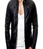 Men's black genuine lambskin leather-jacket- zipper & quilted hand style