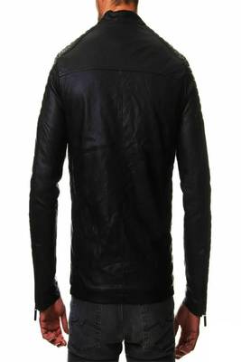 Men's black genuine lambskin leather-jacket- zipper & quilted hand style 2