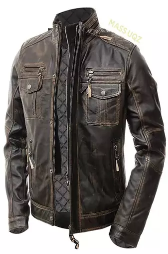Men's brown genuine lambskin rub off leather jacket-asymmetrical zipper & snap button & style