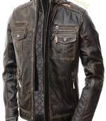 Men's brown genuine lambskin rub off leather jacket-asymmetrical zipper & snap button & style