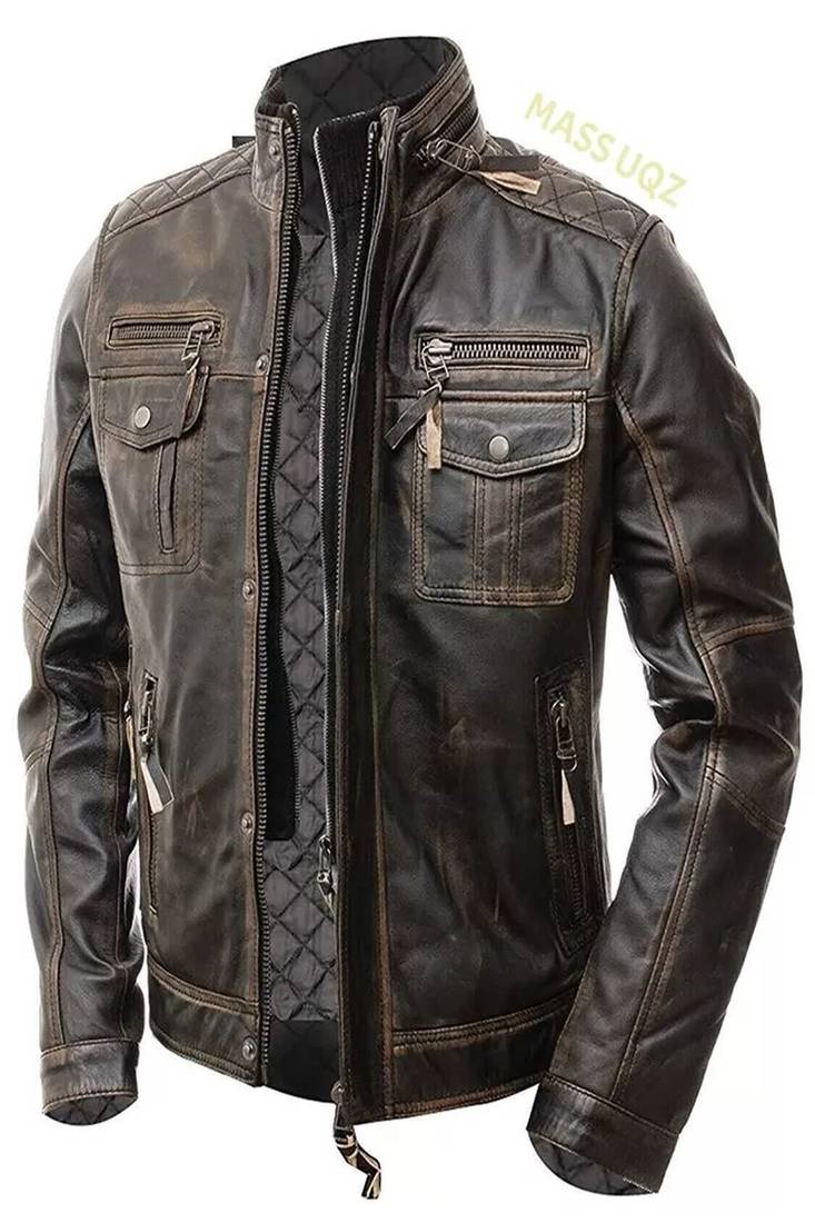Men's brown genuine lambskin rub off leather jacket-asymmetrical zipper & snap button & style