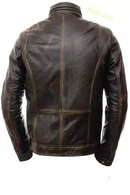 Men's brown genuine lambskin rub off leather jacket-asymmetrical zipper & snap button & style 2