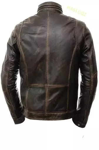 Men's brown genuine lambskin rub off leather jacket-asymmetrical zipper & snap button & style