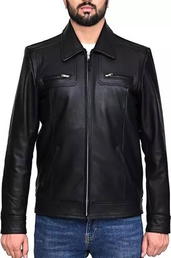 Men's black genuine lambskin leather jacket-straight zipper biker style