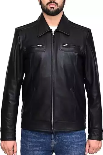 Men's black genuine lambskin leather jacket-straight zipper biker style