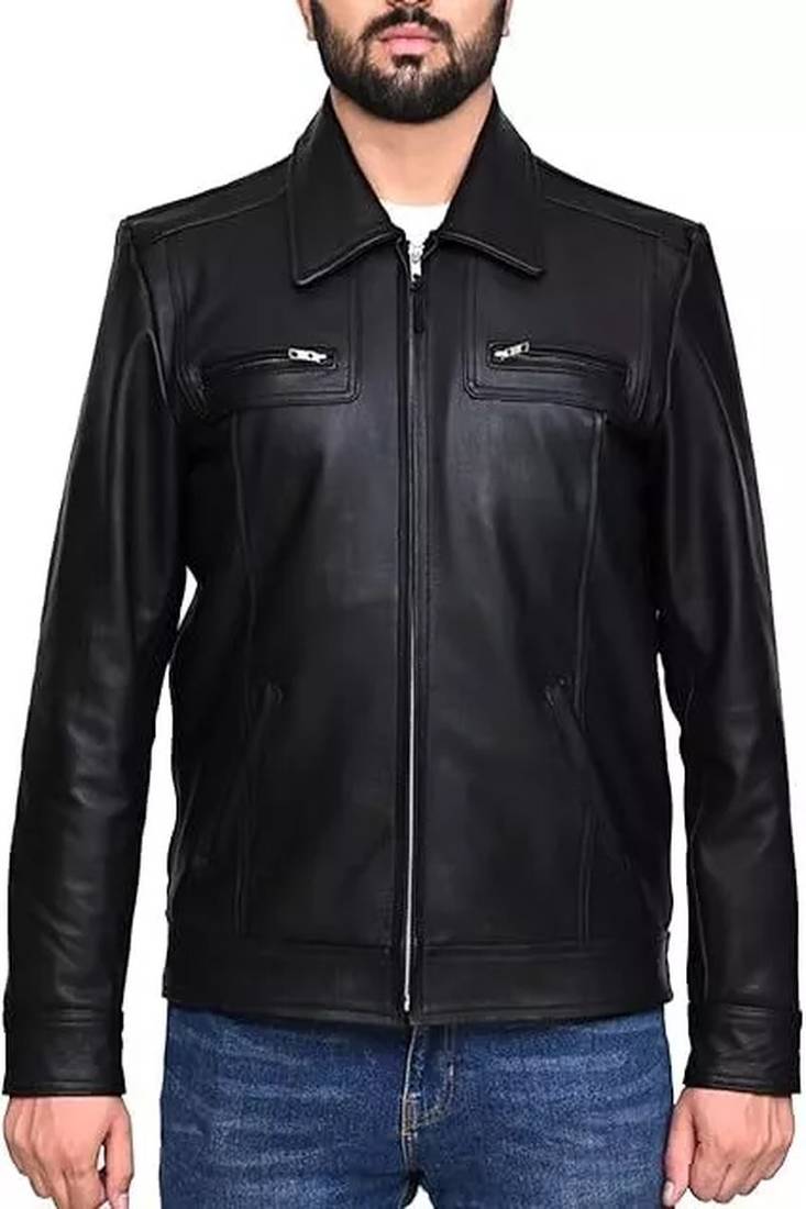 Men's black genuine lambskin leather jacket-straight zipper biker style