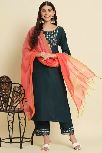teal fancy silk blend kurta set