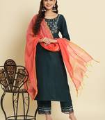 teal fancy silk blend kurta set