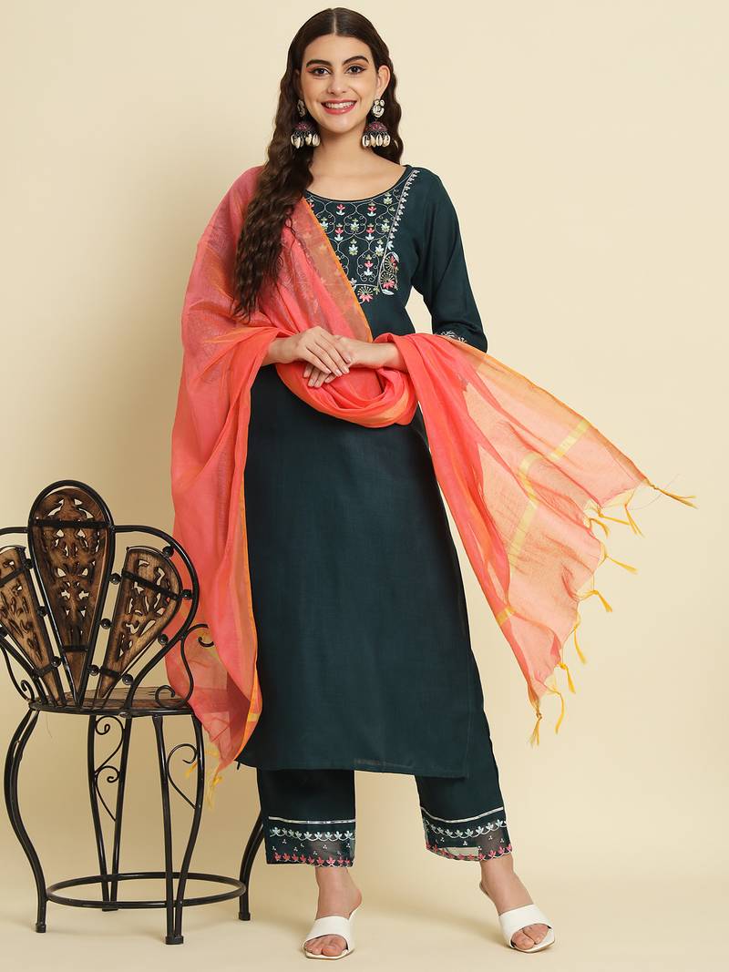 teal fancy silk blend kurta set
