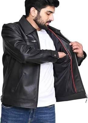 Men's black genuine lambskin leather jacket-straight zipper biker style 3