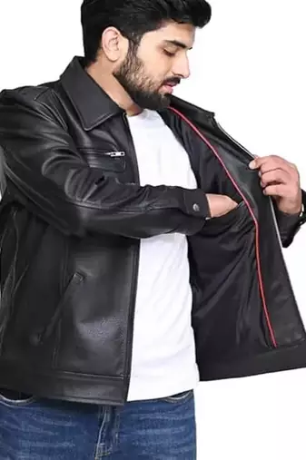 Men's black genuine lambskin leather jacket-straight zipper biker style