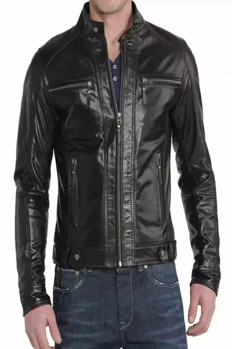 Men's black genuine lambskin leather jacket asymmetrica zipper & waist belt style
