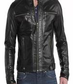 Men's black genuine lambskin leather jacket asymmetrica zipper & waist belt style
