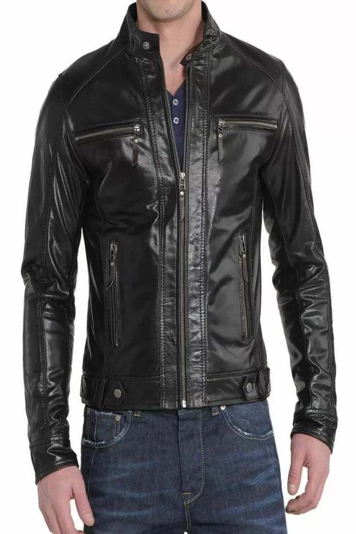Men's black genuine lambskin leather jacket asymmetrica zipper & waist belt style