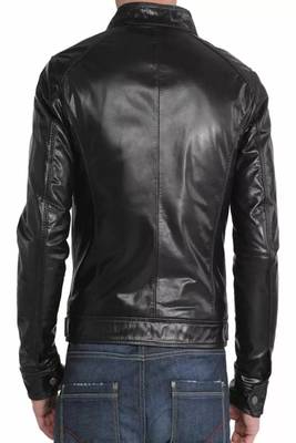 Men's black genuine lambskin leather jacket asymmetrica zipper & waist belt style 2